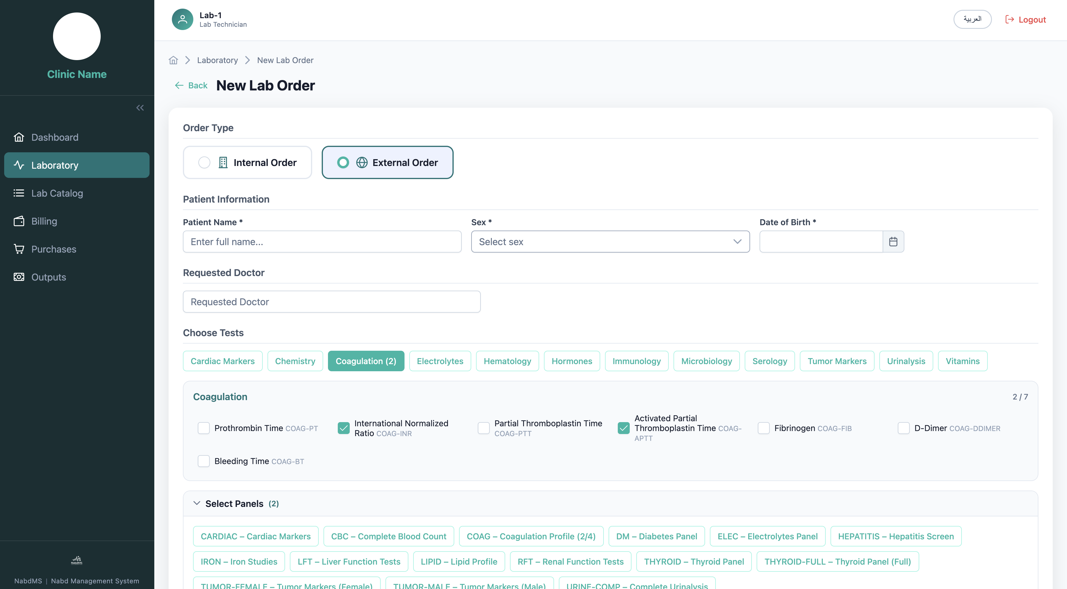 Laboratory — Create Test Orders and Select Tests